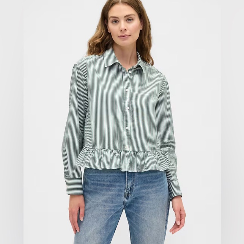 NWT GAP Relaxed Cropped Long Sleeve Ruffle Poplin Peplum Shirt Green Stripe XL